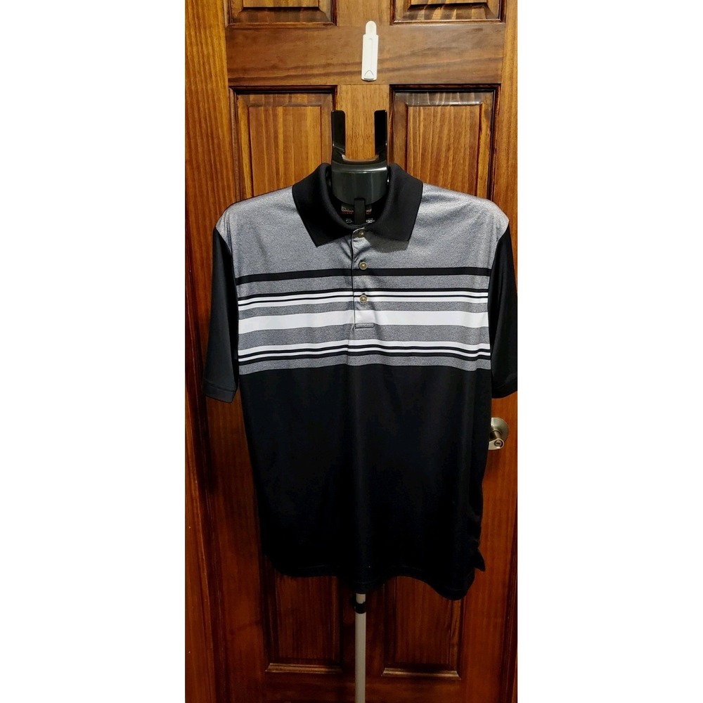 Grand Slam‎ Men's Large Performance Polo/Golf Shirt Black Gray White Stripes